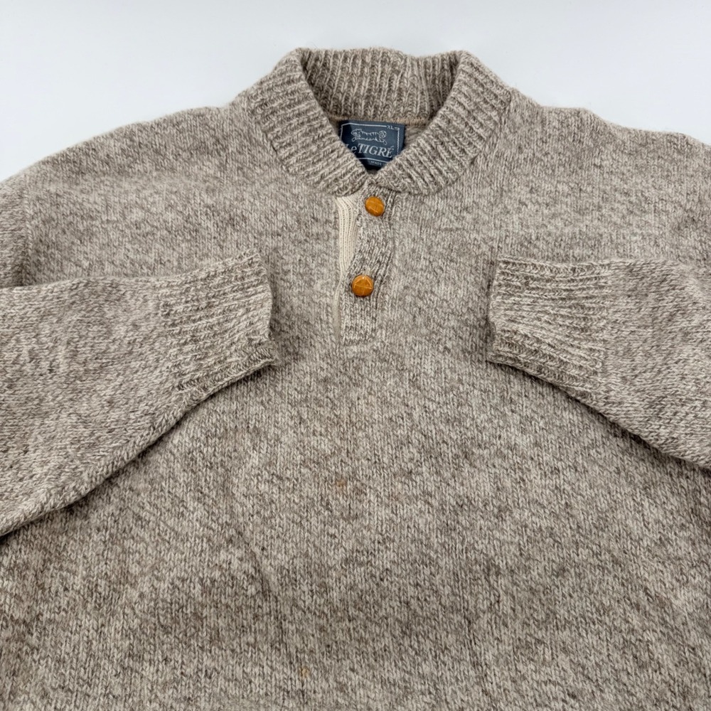 Le Tigre Vintage Wool Henley‎ Sweater Made in USA Marled Preppy XL Oatmeal Tan